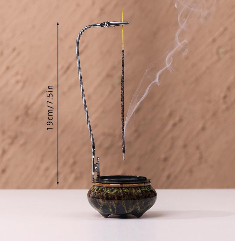 LamDawn Incense Burner with Calabash Incense Stick Holder - Porcelain Charcoal Censer for Use with Resin Granular Powder Cone or Coil Incense (Fambe Green) - Image 2