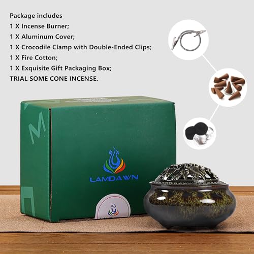 LamDawn Incense Burner with Calabash Incense Stick Holder - Porcelain Charcoal Censer for Use with Resin Granular Powder Cone or Coil Incense (Fambe Green) - Image 4