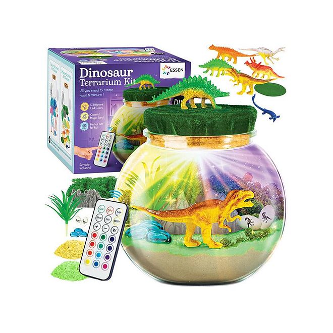 ESSEN Dinosaur Terrarium DIY Craft Kit with Remote, 13-colored LED, 3 Adjustable Light Modes, Easy To Assemble, 5 Years+, 15 x 15 x 14 cm - 19 Pieces - Image 1