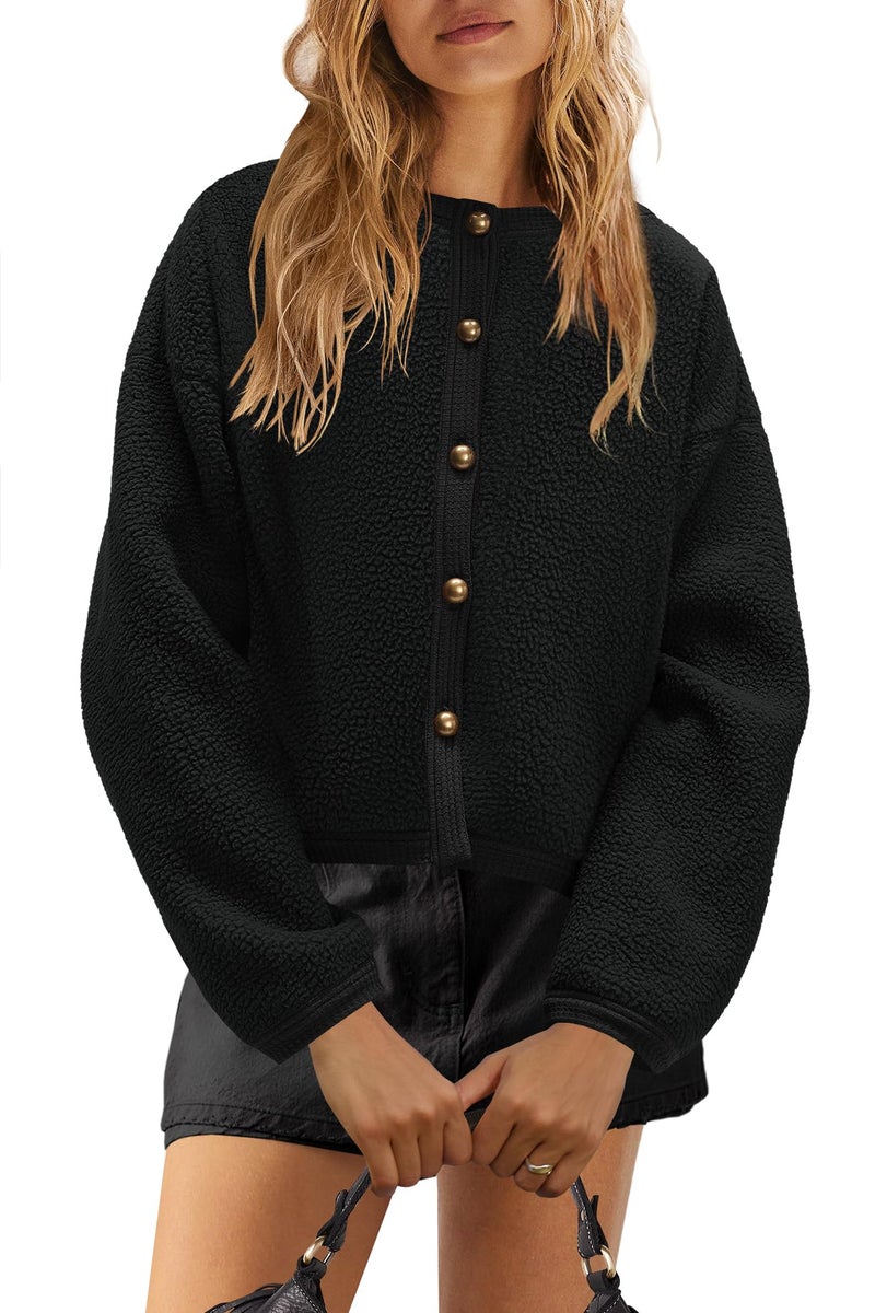 Yanekop Womens Sherpa Jacket Button Down Fleece Winter Coat Fuzzy Jackets Chunky Cardigan Sweaters Open Knit Sweater(Black,M) - Image 2