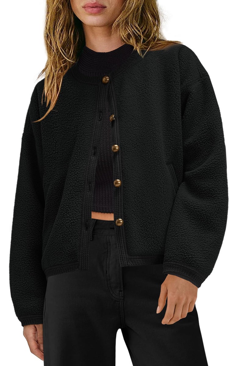 Yanekop Womens Sherpa Jacket Button Down Fleece Winter Coat Fuzzy Jackets Chunky Cardigan Sweaters Open Knit Sweater(Black,M) - Image 1