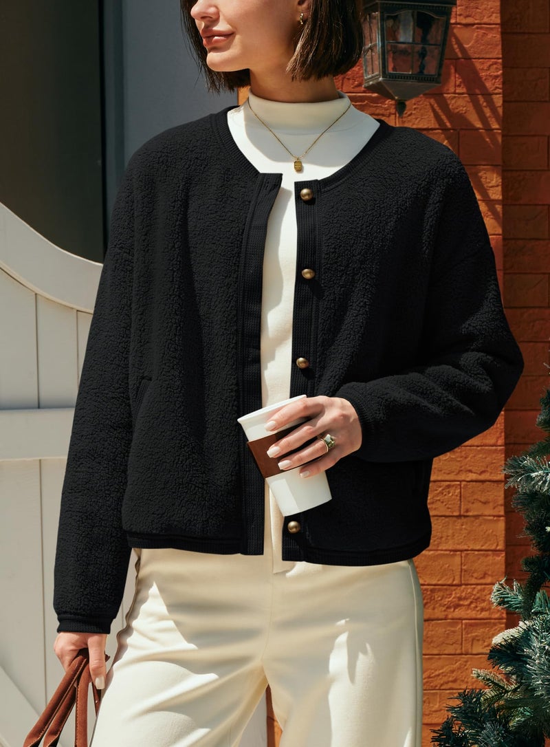 Yanekop Womens Sherpa Jacket Button Down Fleece Winter Coat Fuzzy Jackets Chunky Cardigan Sweaters Open Knit Sweater(Black,M) - Image 3