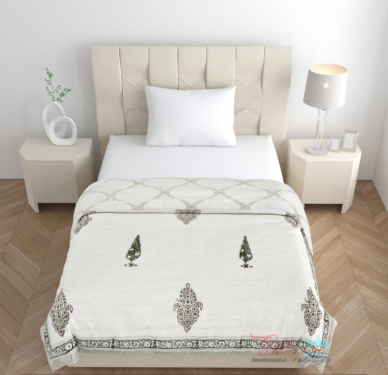 SIBLEY Hand Block Printed Pure Cotton Razai Quilts LUTOS Green Single Bed 60X90 INCHES Floral - Image 2