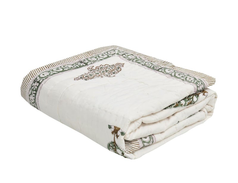 SIBLEY Hand Block Printed Pure Cotton Razai Quilts LUTOS Green Single Bed 60X90 INCHES Floral - Image 4