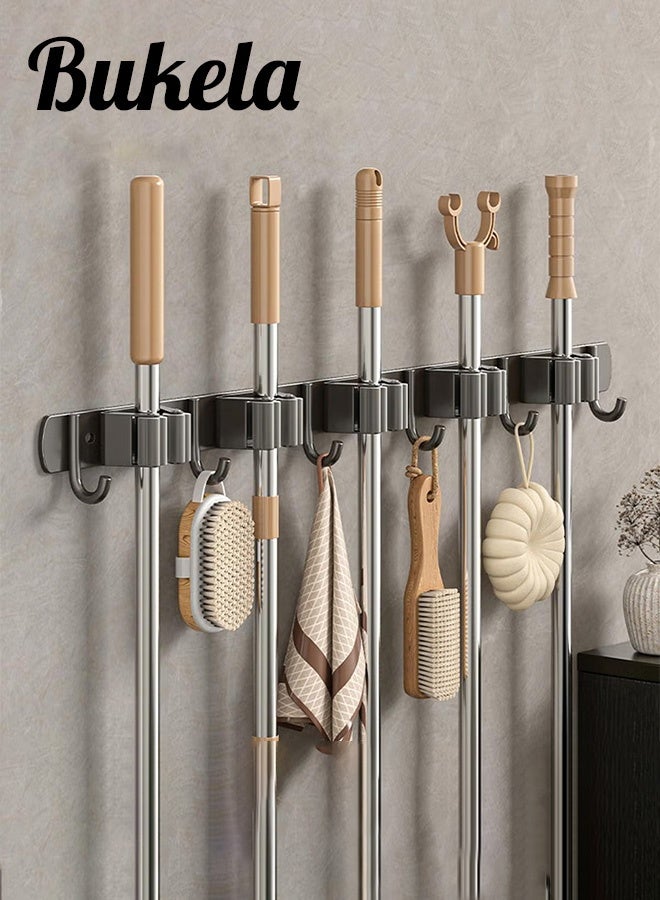 No-Drill Mop Holder – Gray, 5 Clips, 6 Hooks, Self-Adhesive, for Broom, Mop