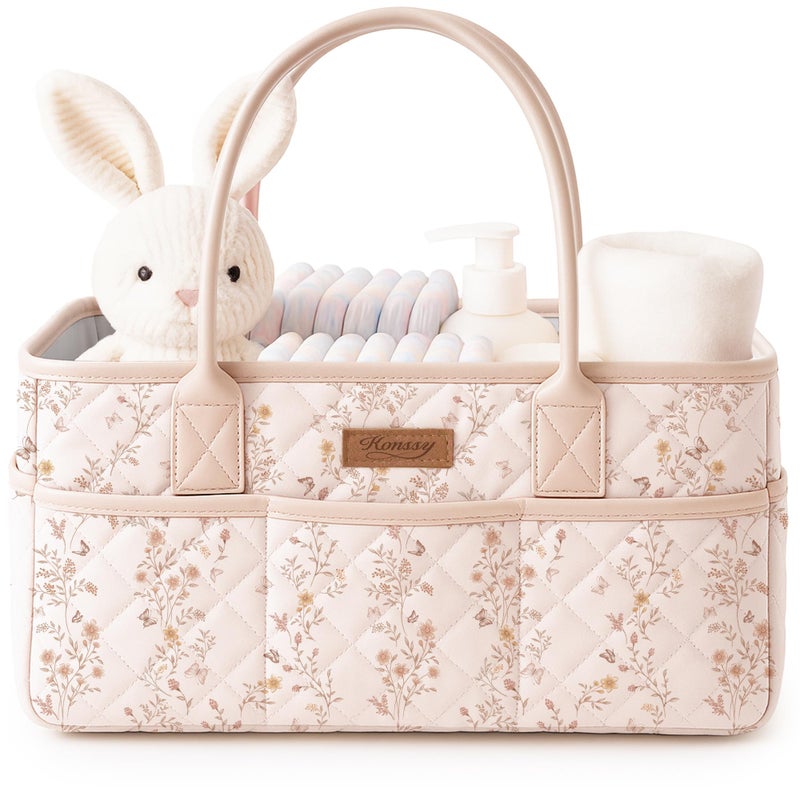 Konssy Floral Quilted Diaper Caddy Organizer, Diaper Caddy Basket with PU Leather Handles, Water-Repellent Nursery Storage Basket, Portable Car Organizer, Registry Search Must Haves (Floral) - Image 1