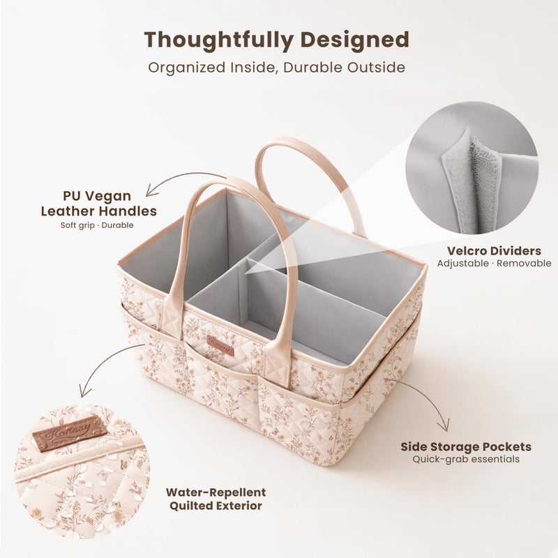 Konssy Floral Quilted Diaper Caddy Organizer, Diaper Caddy Basket with PU Leather Handles, Water-Repellent Nursery Storage Basket, Portable Car Organizer, Registry Search Must Haves (Floral) - Image 3
