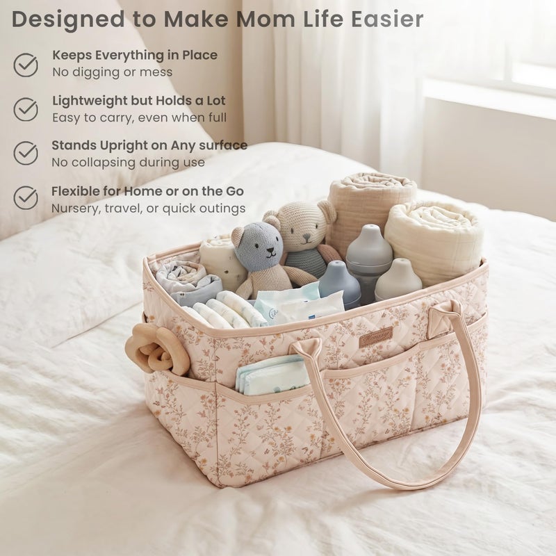 Konssy Floral Quilted Diaper Caddy Organizer, Diaper Caddy Basket with PU Leather Handles, Water-Repellent Nursery Storage Basket, Portable Car Organizer, Registry Search Must Haves (Floral) - Image 4