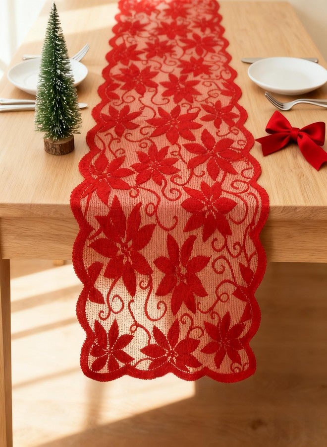 werdecade Red Lace Table Runners for Christmas Wedding Bridal Shower Baby Shower Party Table Decoration, Rustic Rose Embroidered Boho Table Runner,13 x 72 Inch (Red) - Image 1