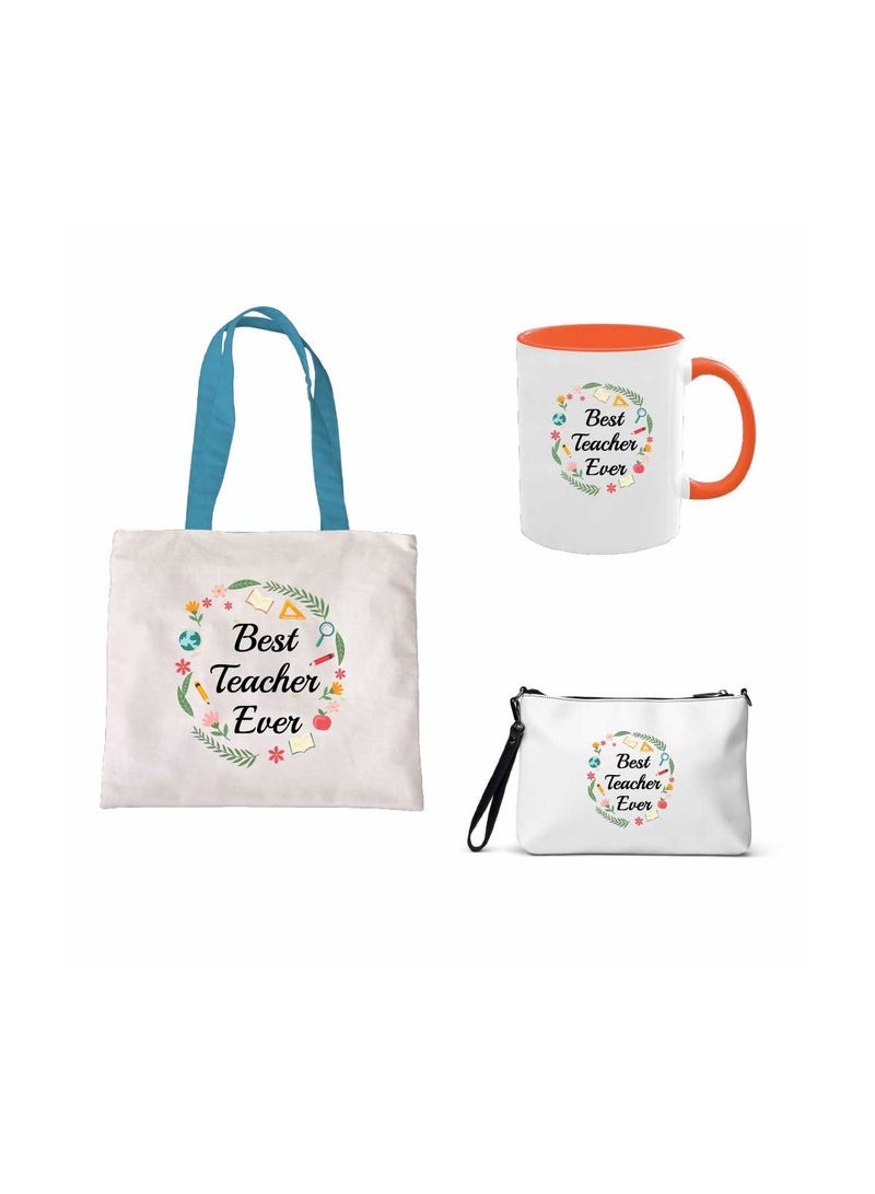 PRINTSHOP4ME Teacher's Day Combo Blue Handled Cotton Bag - Two Tone Orange Mugs and Cosmetic Pouch - Teacher's Day Stylish Gift Combo Set from Students - Image 1