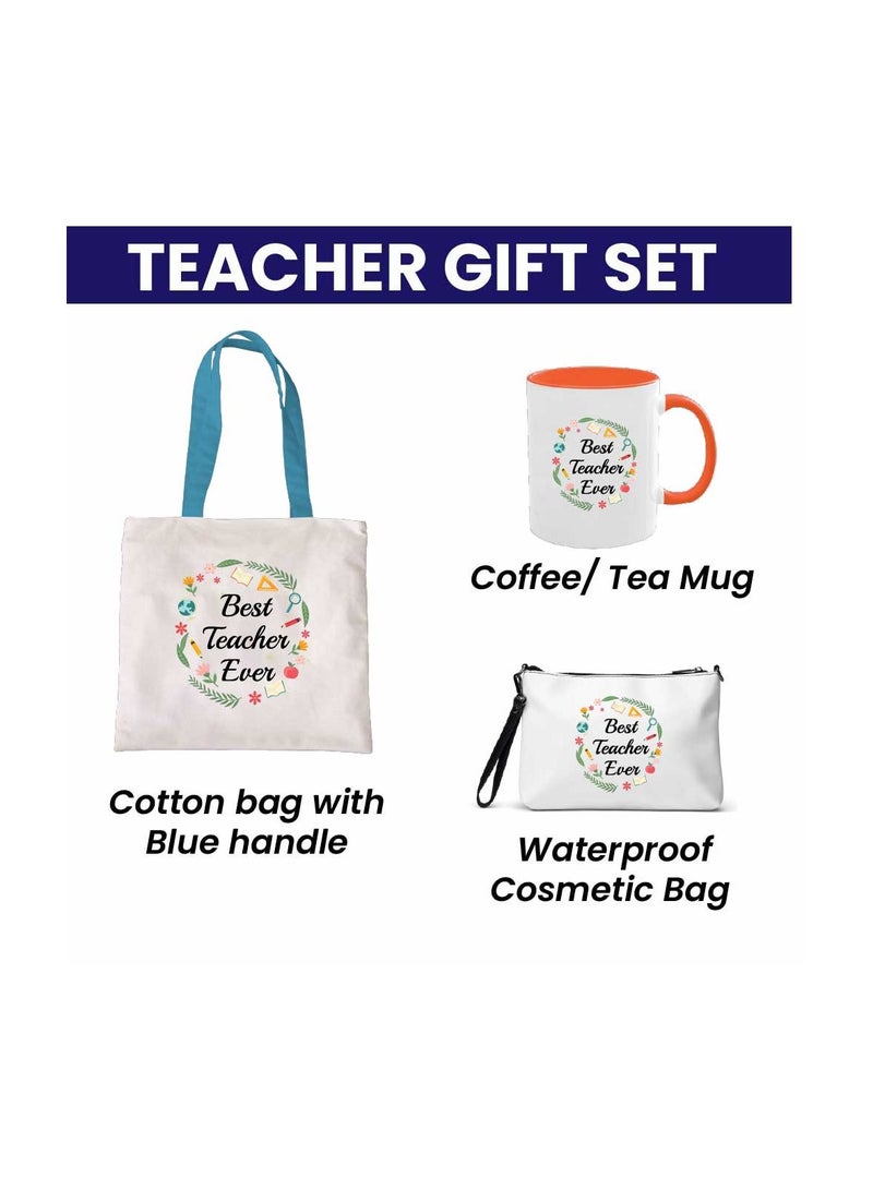 PRINTSHOP4ME Teacher's Day Combo Blue Handled Cotton Bag - Two Tone Orange Mugs and Cosmetic Pouch - Teacher's Day Stylish Gift Combo Set from Students - Image 2