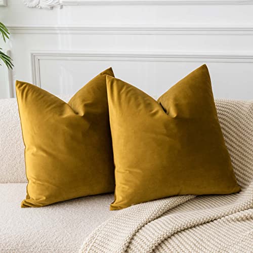 JUSPURBET Decorative Mustard Yellow 24x24 Velvet Throw Pillow Covers for Couch Bed SofaPack of 2 Soild Soft Cushion Cases