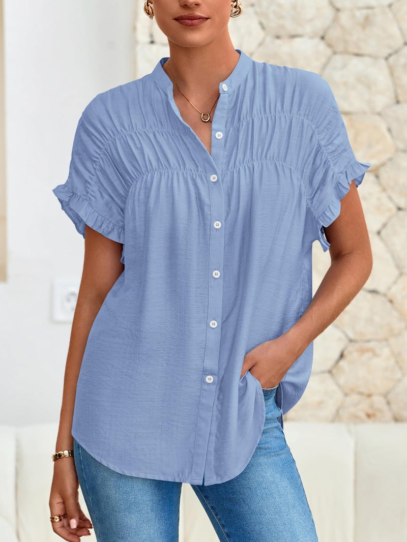 MASCOMODA Womens Button Down Shirts Ruffle Short Sleeve Loose Summer Tops Dressy Casual V Neck Business Work Blouses(Blue,Large) - Image 2