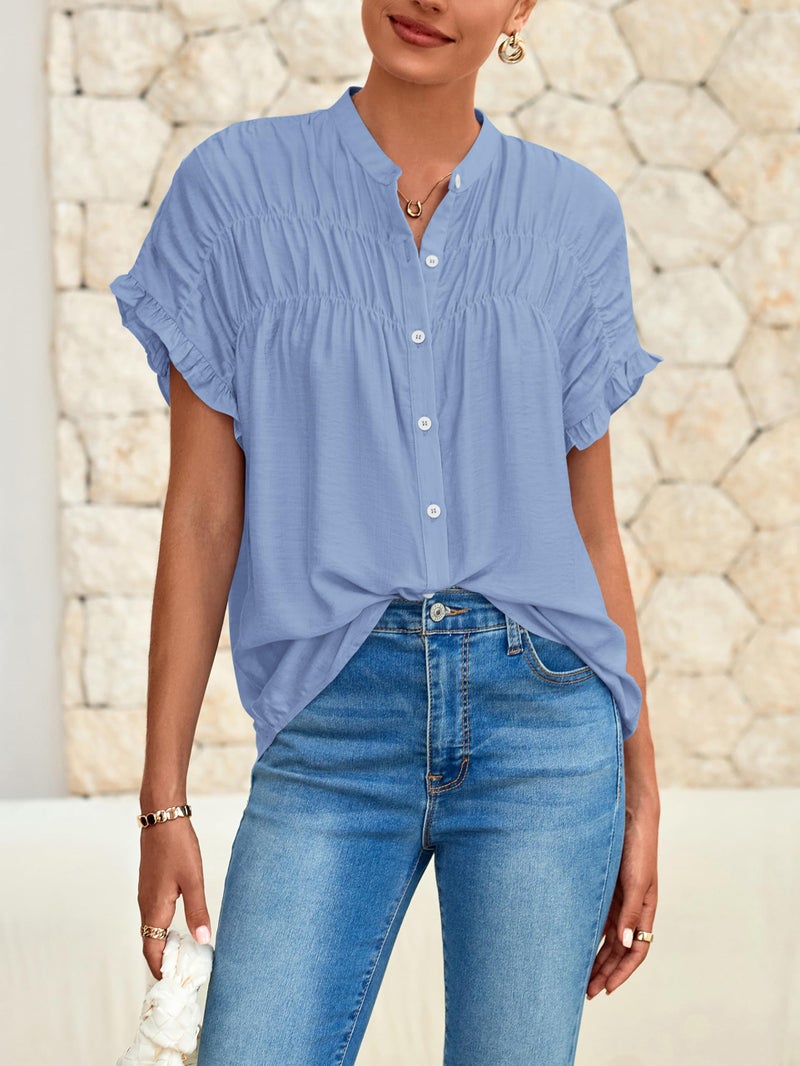 MASCOMODA Womens Button Down Shirts Ruffle Short Sleeve Loose Summer Tops Dressy Casual V Neck Business Work Blouses(Blue,Large) - Image 4