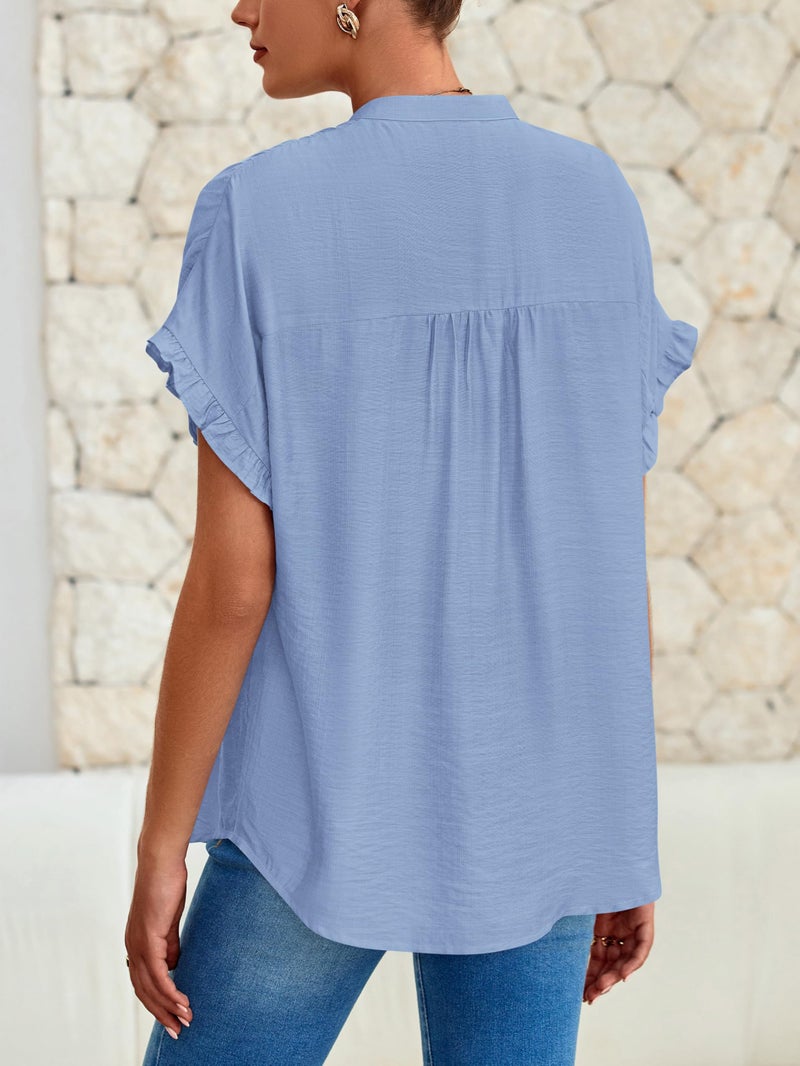 MASCOMODA Womens Button Down Shirts Ruffle Short Sleeve Loose Summer Tops Dressy Casual V Neck Business Work Blouses(Blue,Large) - Image 3