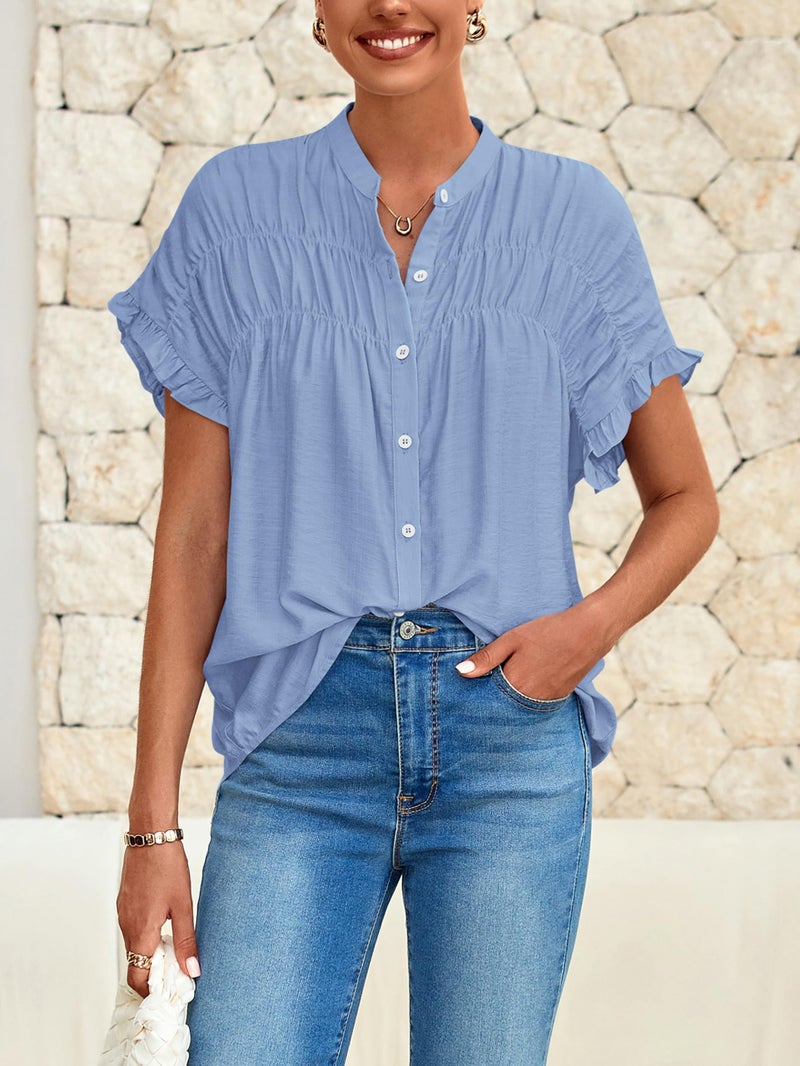 MASCOMODA Womens Button Down Shirts Ruffle Short Sleeve Loose Summer Tops Dressy Casual V Neck Business Work Blouses(Blue,Large) - Image 5