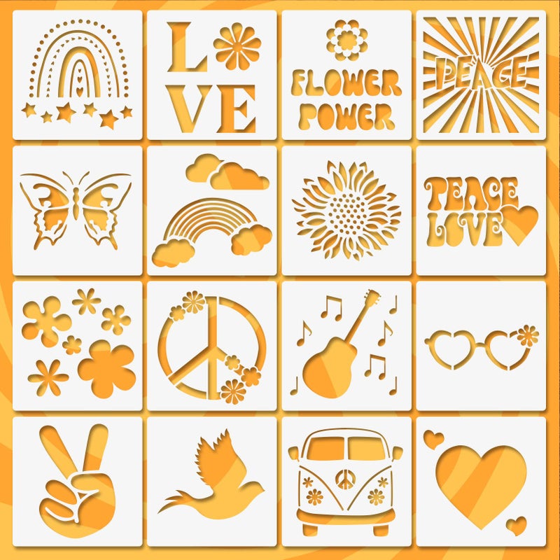 Peace and Love Stencils 16 Pcs Hippie Stencils Boho Groovy Floral Love Reusable Plastic Stencil for Painting Paper Drawing Wall Furniture Fabric 6x6