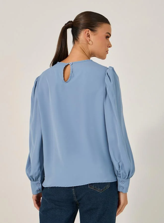 Styli Solid Long Sleeve Blouse with Lace Detail