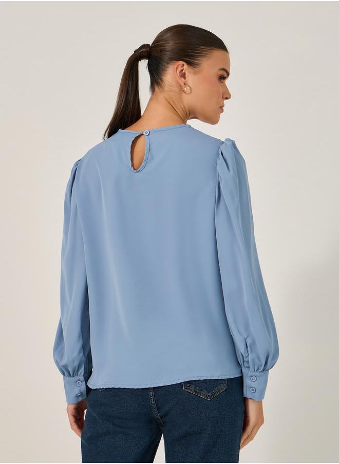 Styli Solid Long Sleeve Blouse with Lace Detail  - Image 5