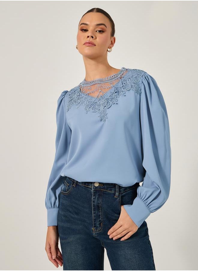 Styli Solid Long Sleeve Blouse with Lace Detail  - Image 1