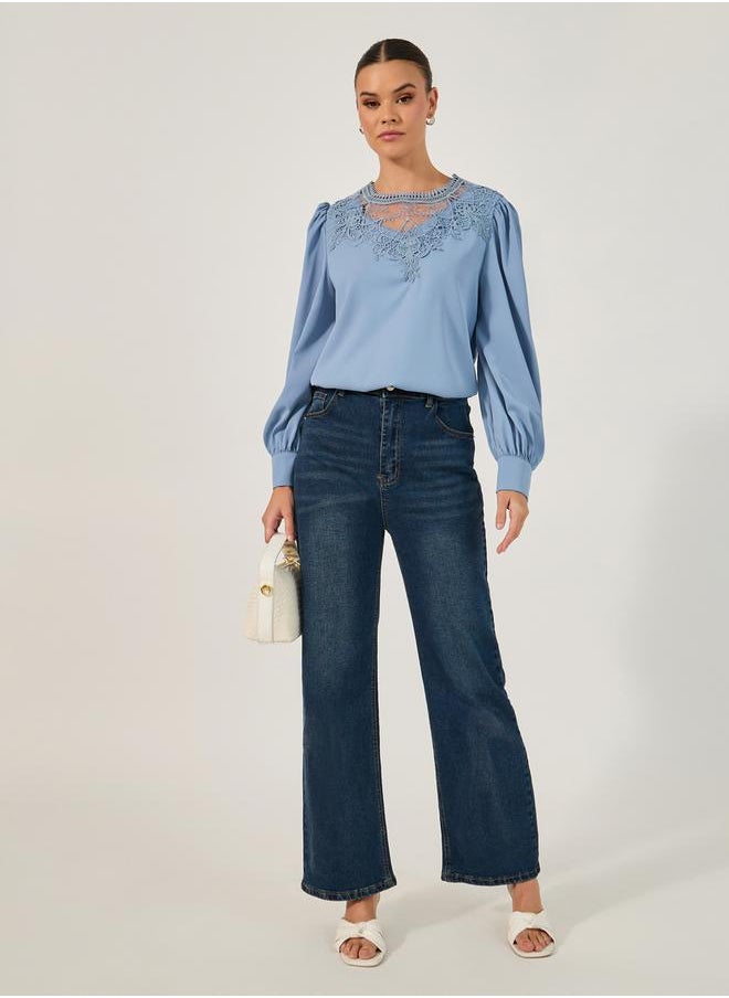 Styli Solid Long Sleeve Blouse with Lace Detail  - Image 3