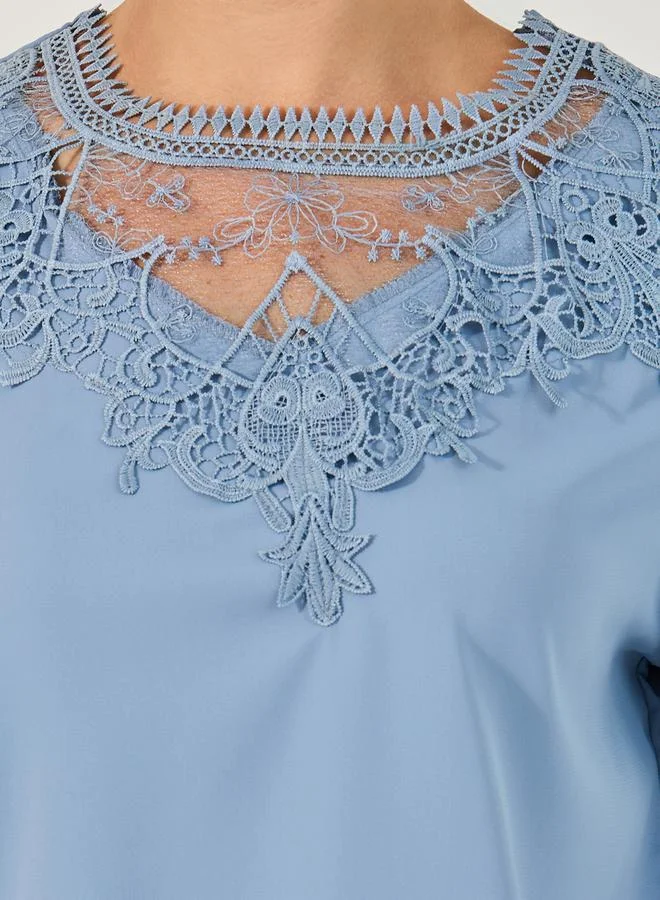 Styli Solid Long Sleeve Blouse with Lace Detail