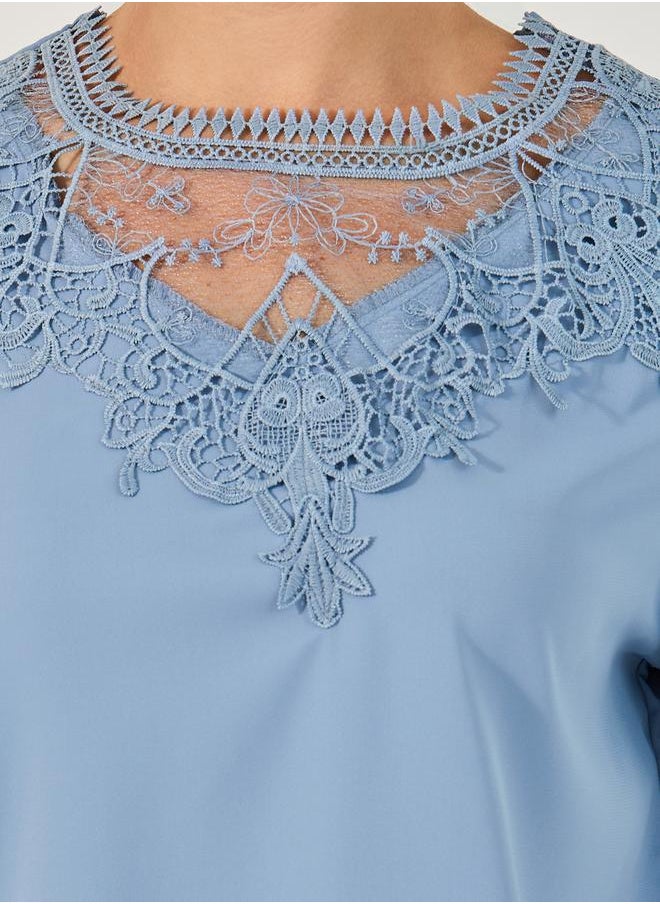 Styli Solid Long Sleeve Blouse with Lace Detail  - Image 4