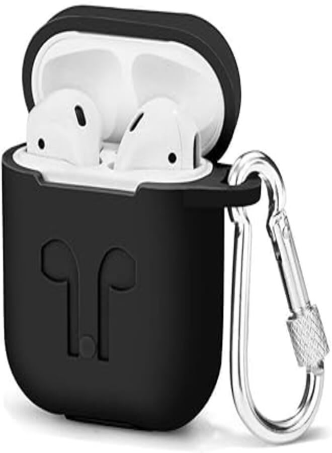 Apple airpod thick silicone shockproof case cover with hanging clip - black