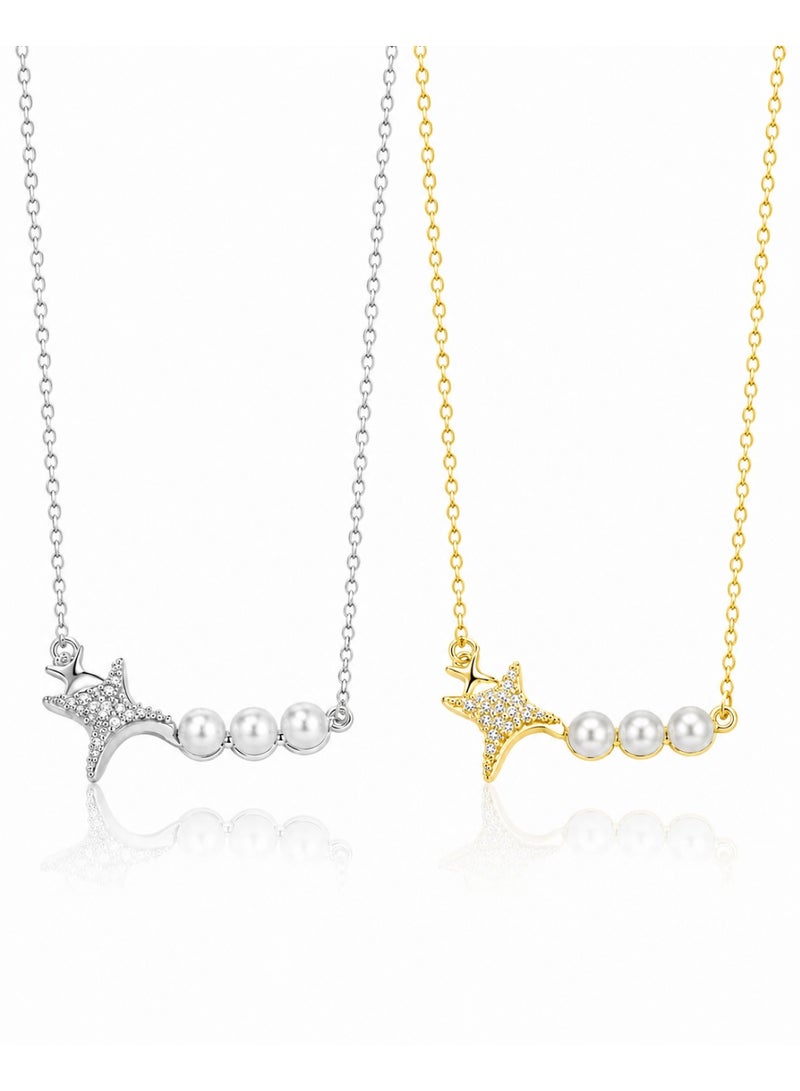 RAFAL Women's Shooting Star Crystal Necklace with Three Pearl-Style Beads, Silver or Gold Tone - Image 1