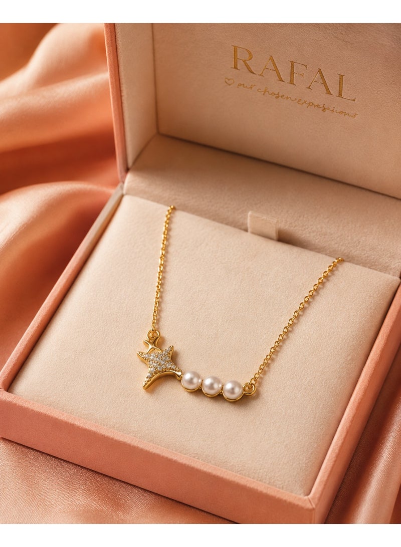 RAFAL Women's Shooting Star Crystal Necklace with Three Pearl-Style Beads, Silver or Gold Tone - Image 2