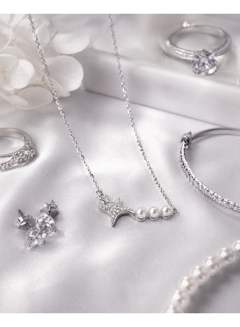 RAFAL Women's Shooting Star Crystal Necklace with Three Pearl-Style Beads, Silver or Gold Tone - Image 4