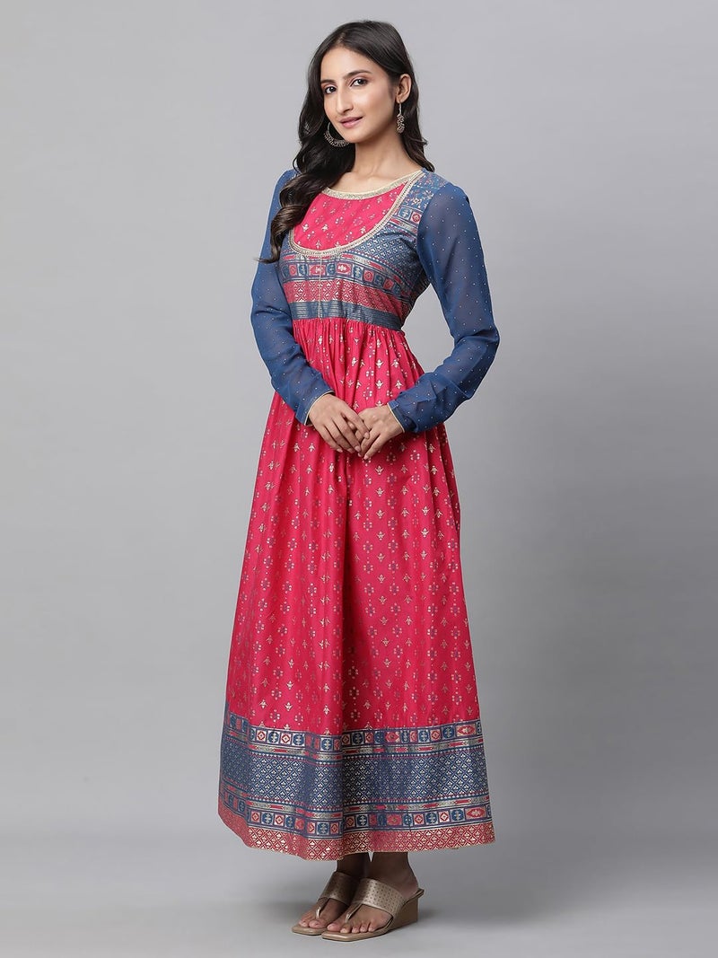Aurelia Pink Ethnic Motif Cotton Anarkali Kurta with Lace - Image 3