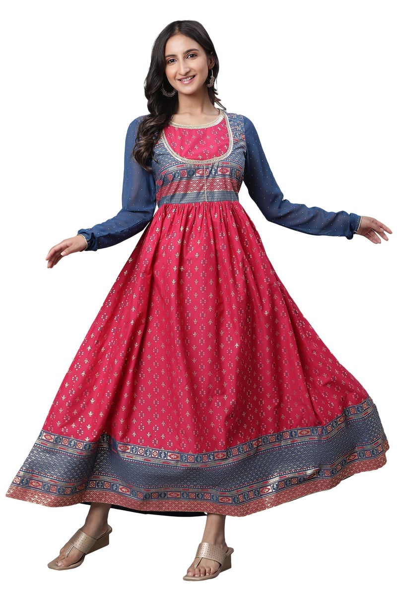 Aurelia Pink Ethnic Motif Cotton Anarkali Kurta with Lace - Image 1