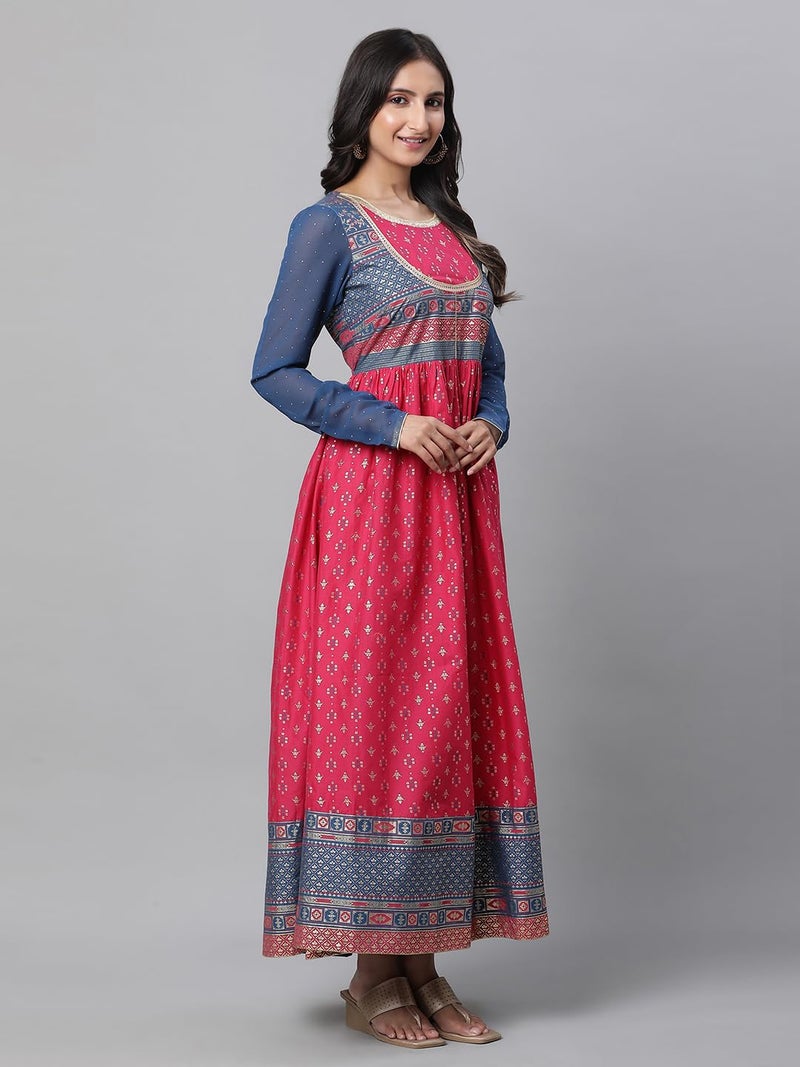 Aurelia Pink Ethnic Motif Cotton Anarkali Kurta with Lace - Image 5