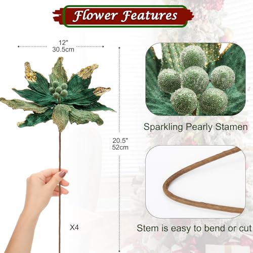 Briful 12 Large Heads Christmas Glitter Poinsettia Flowers Christmas Tree Ornaments Set of 4 Artificial Flowers with Picks Stems for Xmas Tree Party DIY Holiday Decorations Green and Glod - Image 3