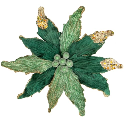 Briful 12 Large Heads Christmas Glitter Poinsettia Flowers Christmas Tree Ornaments Set of 4 Artificial Flowers with Picks Stems for Xmas Tree Party DIY Holiday Decorations Green and Glod - Image 1