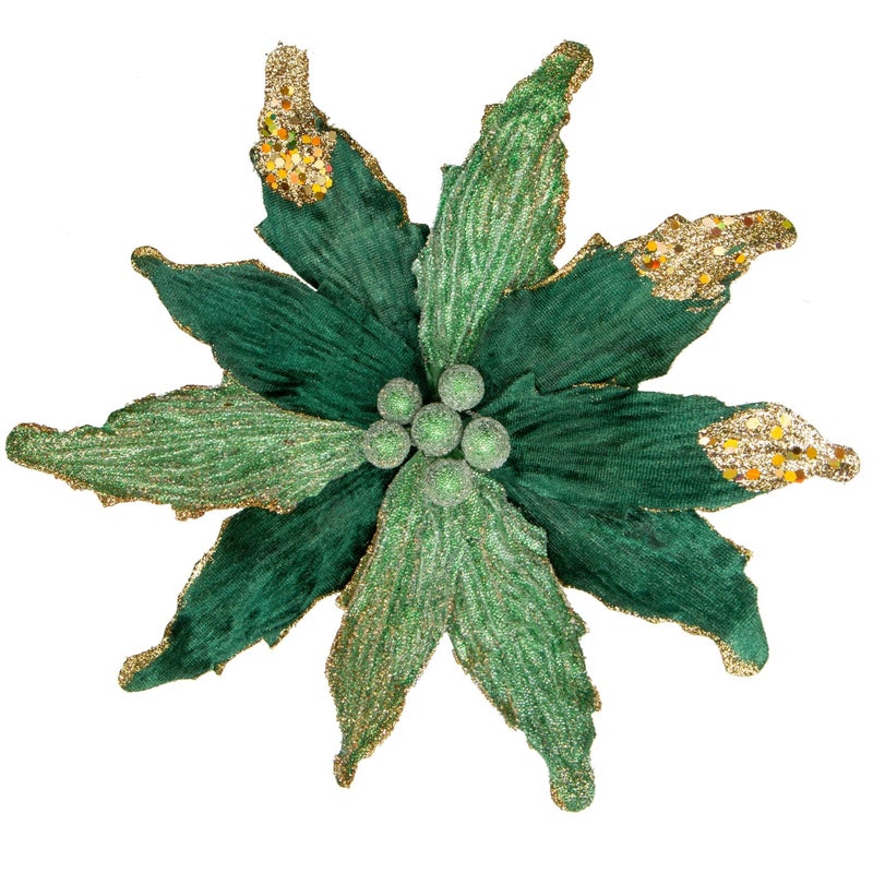 Briful 12 Large Heads Christmas Glitter Poinsettia Flowers Christmas Tree Ornaments Set of 4 Artificial Flowers with Picks Stems for Xmas Tree Party DIY Holiday Decorations Green and Glod - Image 2