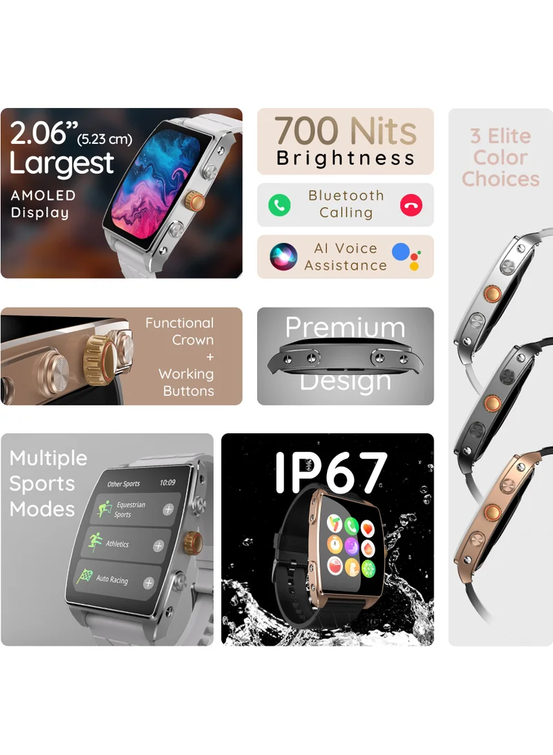 بيبل شاشة Amoled Mega 2.06 بوصة، BT Calling، Always on Display، SpO2، معدل ضربات القلب، وجوه مراقبة متعددة، تاج دوار، مساعد الذكاء الاصطناعي، مراقبة النوم، إنذار وإشعارات، ضوء فلاش، ابحث عن الهاتف.