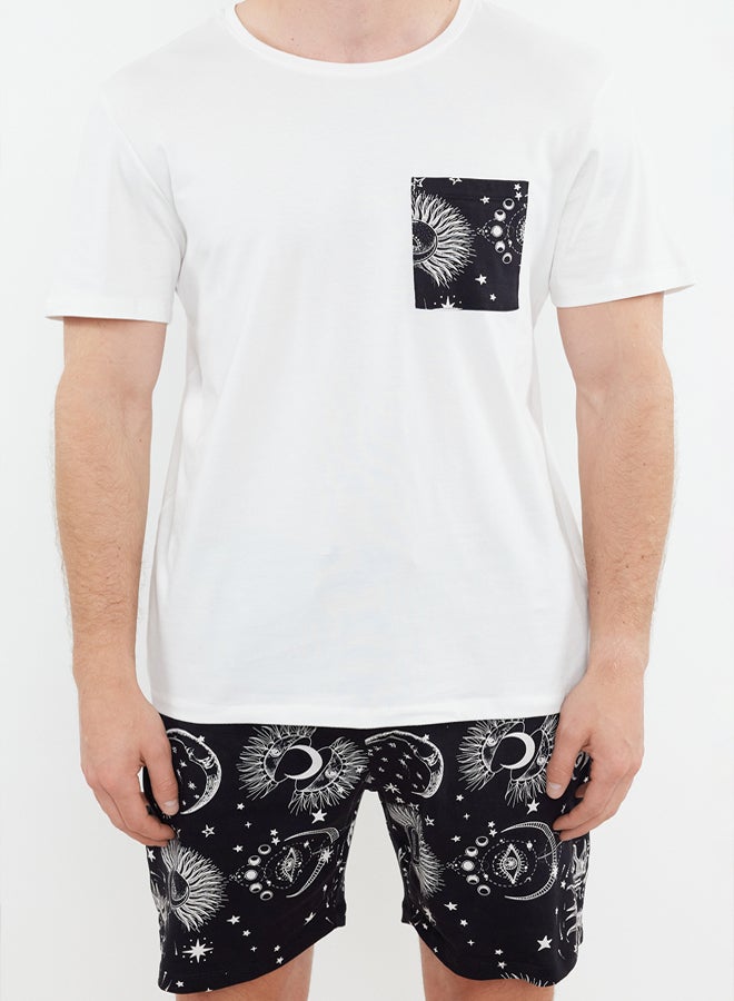 trendyol Ecru Black Printed Regular Fit Couple/Double Knitted Shorts 100% Cotton Pajama Set TMNSS24PT00018 - Image 3