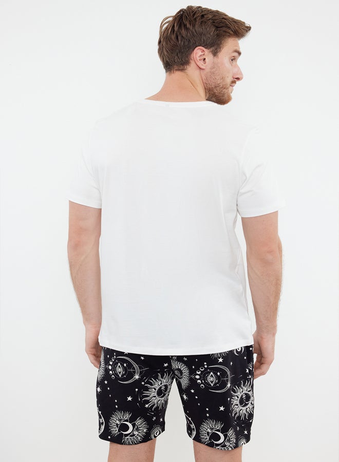 trendyol Ecru Black Printed Regular Fit Couple/Double Knitted Shorts 100% Cotton Pajama Set TMNSS24PT00018 - Image 5