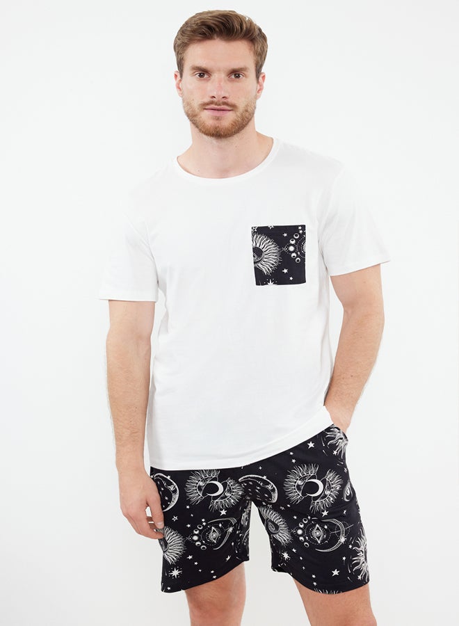 trendyol Ecru Black Printed Regular Fit Couple/Double Knitted Shorts 100% Cotton Pajama Set TMNSS24PT00018 - Image 2