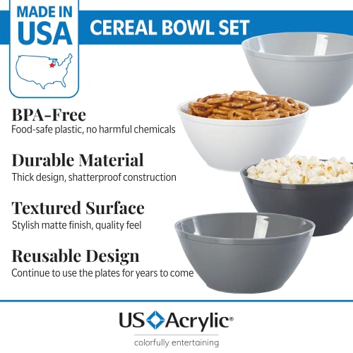 US Acrylic Unbreakable 28 oz. Plastic Stackable Cereal Bowls for Snacks & Ice Cream in Grey Colors (Set of 8) 6-inch Reusable, BPA-Free, Made in the USA, Dishwasher Safe Dinnerware - Image 2