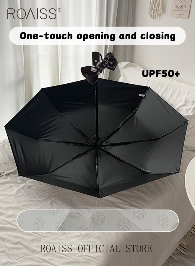 roaiss Women's Automatic Sunshade Umbrella Camellia-Print Tri-Fold Eight-Rib Fresh-Style Sun Protection Umbrella Dual-Use Black-Coated Sun Umbrella for Rain or Shine Portable UV Protection - Image 3