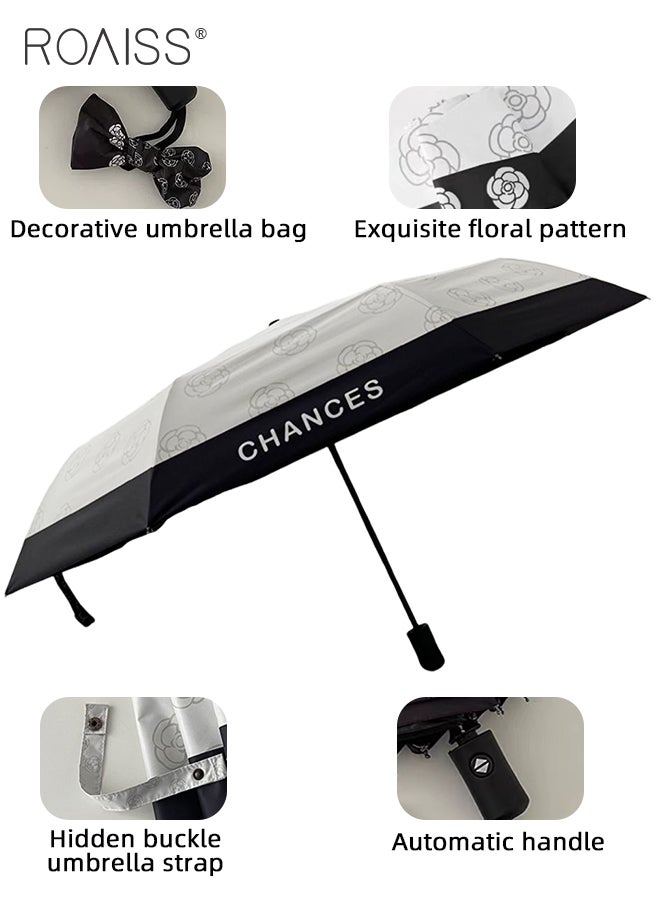 roaiss Women's Automatic Sunshade Umbrella Camellia-Print Tri-Fold Eight-Rib Fresh-Style Sun Protection Umbrella Dual-Use Black-Coated Sun Umbrella for Rain or Shine Portable UV Protection - Image 5
