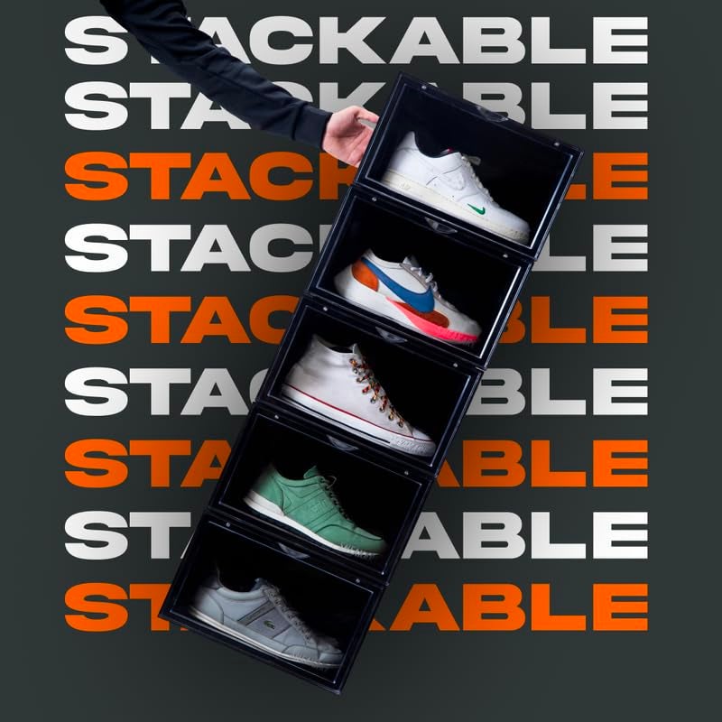 SNEAKARE Plastic Shoe Storage Organizer Set Of 2 HeavyDuty Sneaker Box Stackable Storage Box With Magnetic Closure Easy Black - Image 2