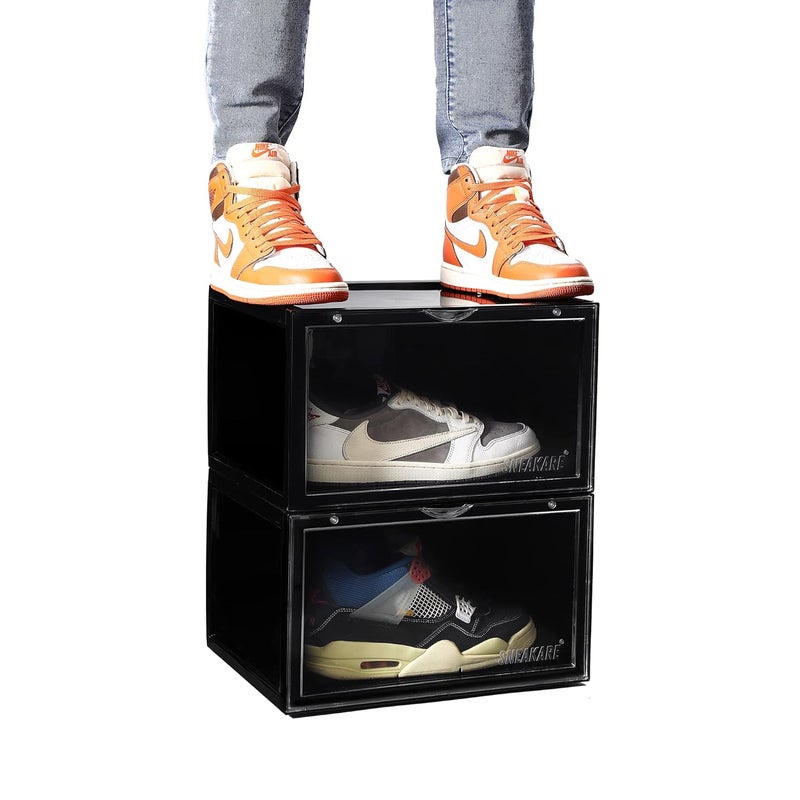 SNEAKARE Plastic Shoe Storage Organizer Set Of 2 HeavyDuty Sneaker Box Stackable Storage Box With Magnetic Closure Easy Black - Image 1