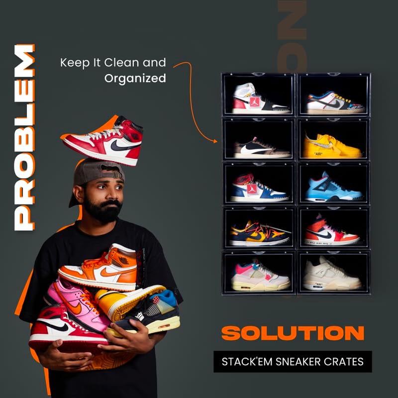 SNEAKARE Plastic Shoe Storage Organizer Set Of 2 HeavyDuty Sneaker Box Stackable Storage Box With Magnetic Closure Easy Black - Image 3
