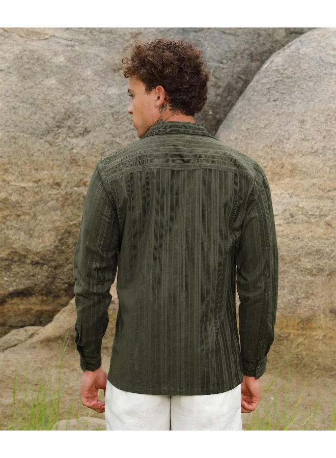 Campus Sutra Men's Fern Green Multitrack-Striped Shirt For Casual Wear | Spread Collar | Long Sleeve | Button Closure | Shirt Crafted With Comfort Fit For Everyday Wear