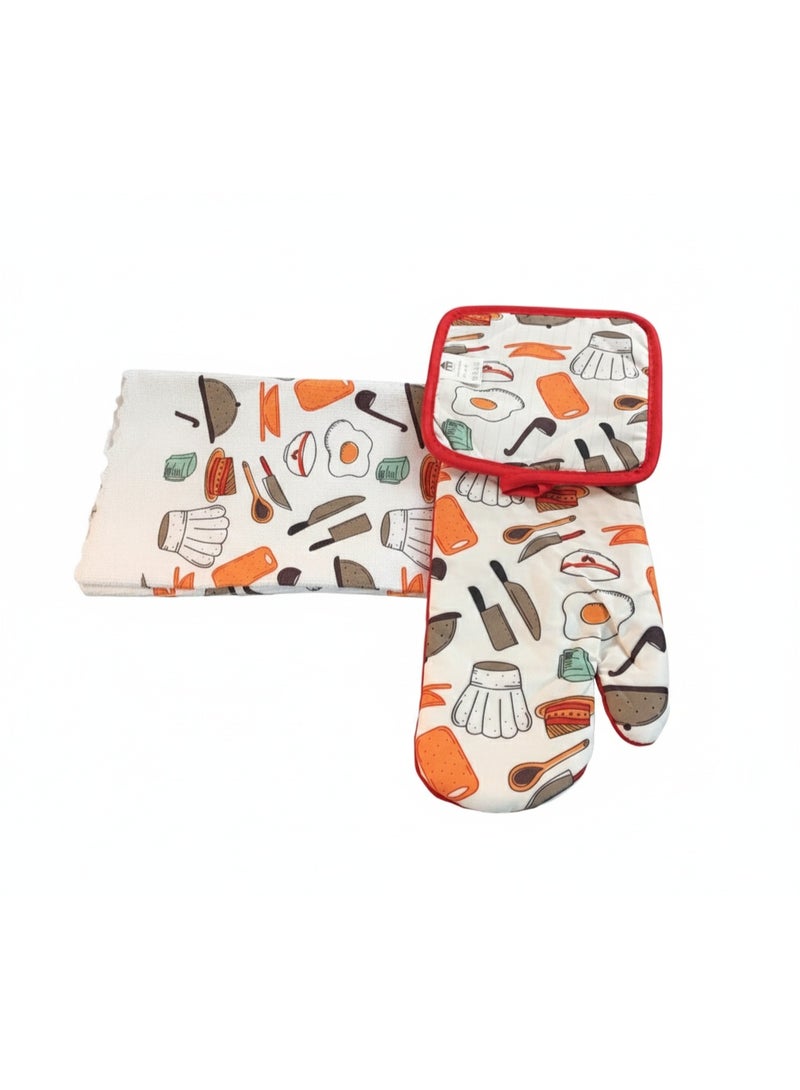 روملين طقم قفازات مطبخ معزولة مكون من 3 قطع، حامل أواني، منشفة يد، مقاوم للحرارة، مانع للانزلاق، تصميم مطبوع مع حلقة تعليق، قفاز فرن للطبخ والخبز والشواء