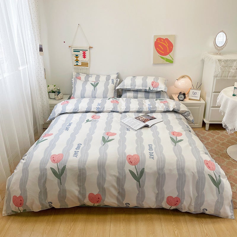 Popular Four-Season High-End Summer And Autumn Brushed Bed Sheetss Thickened Four-Piece Set Student Dormitory Single Plant Flower Quilt Cover - Image 1